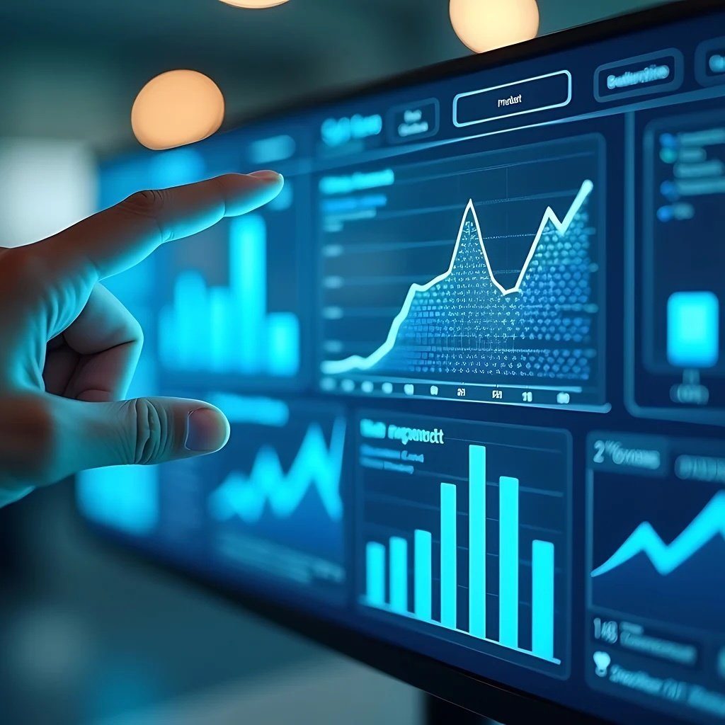 A hand gestures towards a digital screen displaying blue-toned graphs and charts. The image conveys a sense of analysis and data visualization.