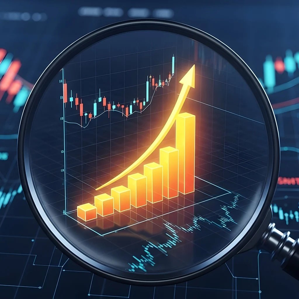 A magnifying glass highlights a glowing upward arrow and bar graph, symbolizing rising stock trends, set against a dark background with financial charts.