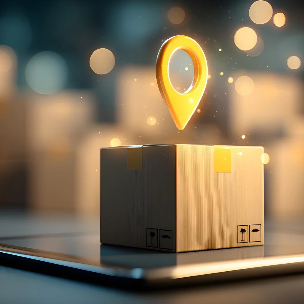 A cardboard box with tape on a tablet. Above it hovers an illuminated location pin, symbolizing delivery or tracking, with a glowing background.