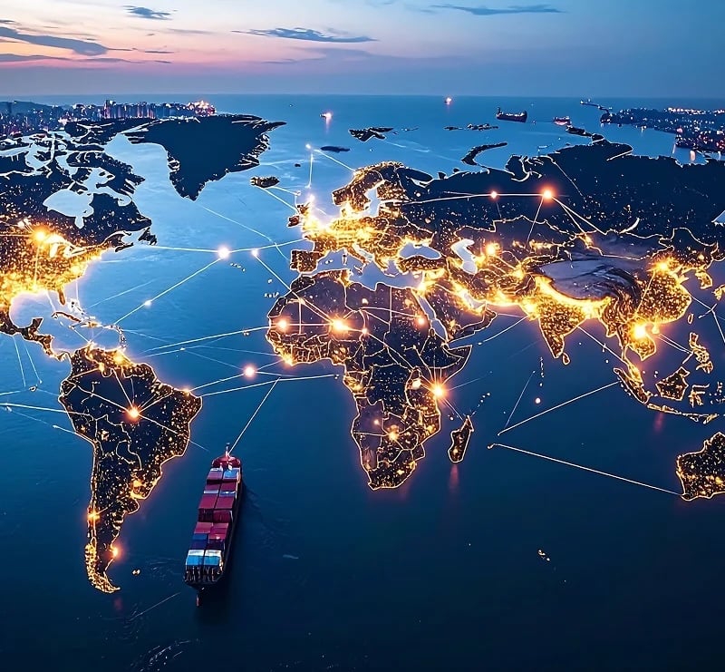 Cargo ship on illuminated world map, symbolizing global trade routes and connectivity. Twilight sky adds a serene yet dynamic atmosphere.