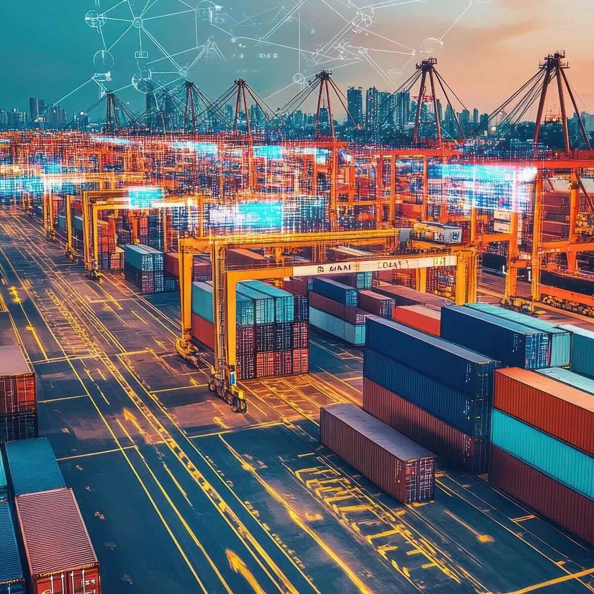 shipping port at dusk with stacked containers, cranes, and digital network overlays. It conveys a high-tech, efficient logistics theme.