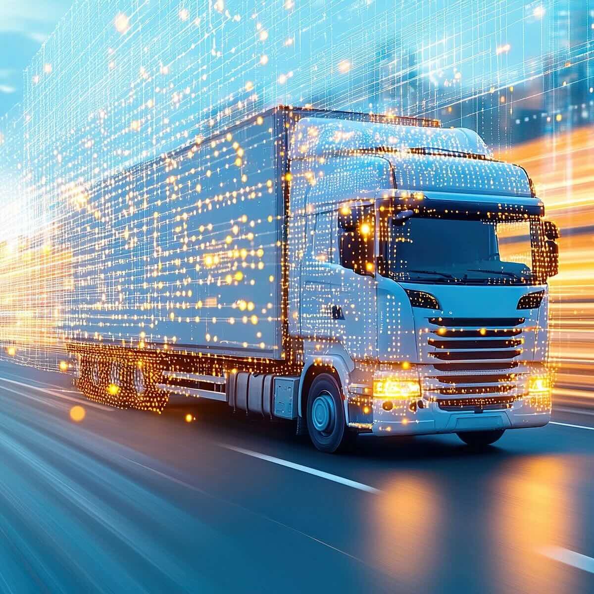 A shipping truck accelerates on a highway, surrounded by digital light trails and glowing data points, symbolizing advanced technology and speed.