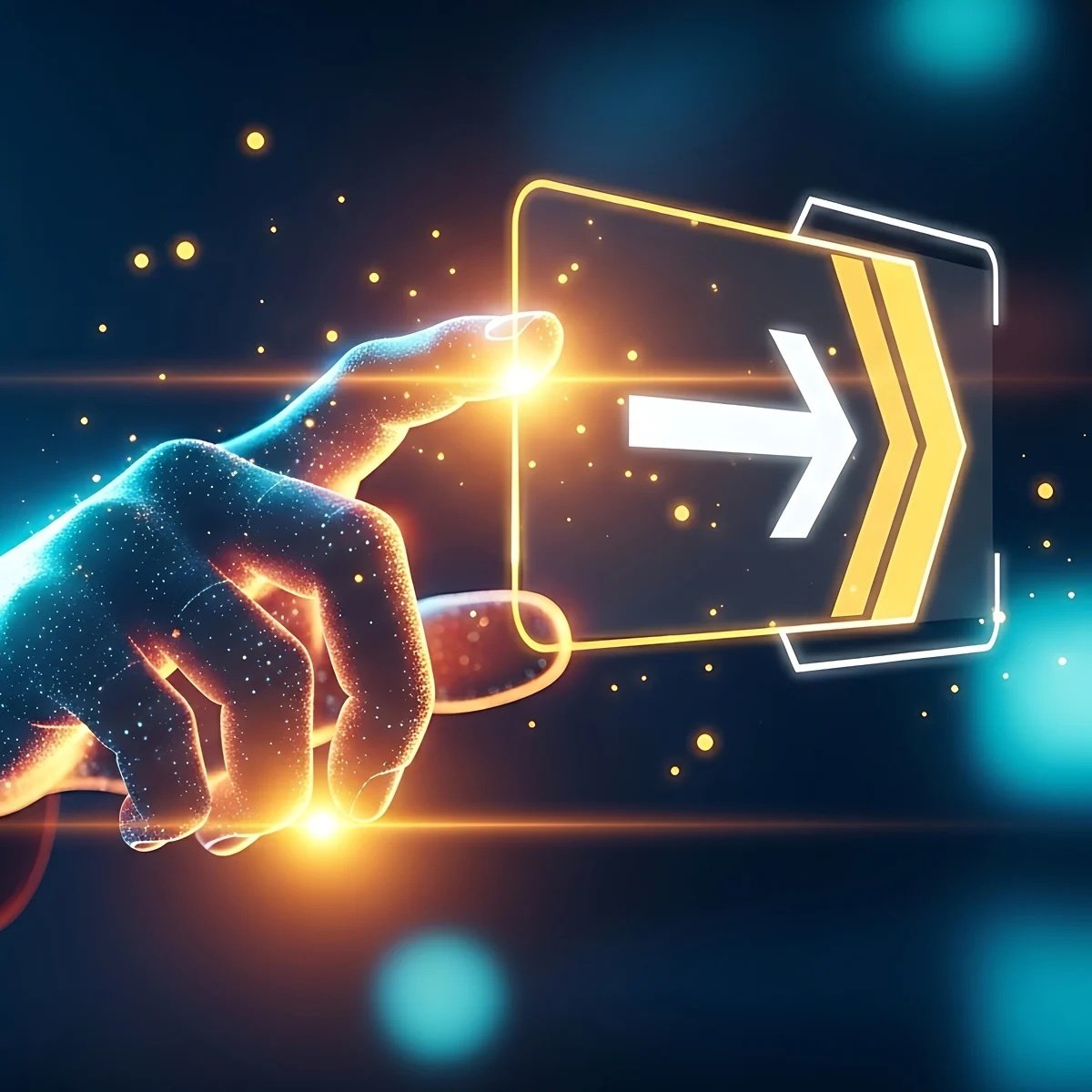 A glowing hand reaches for a digital, transparent screen with a bright arrow pointing right, set against a dark, futuristic background.
