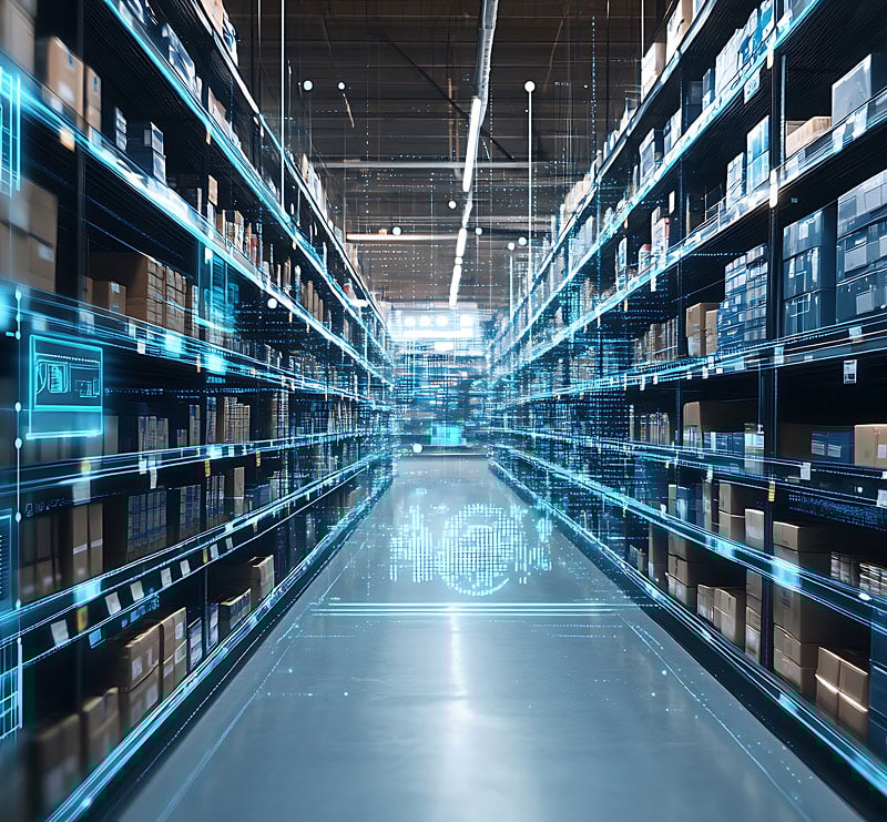 A futuristic warehouse aisle with tall shelves filled with boxes and a digital overlay of blue circuit patterns, suggesting automation and technology.