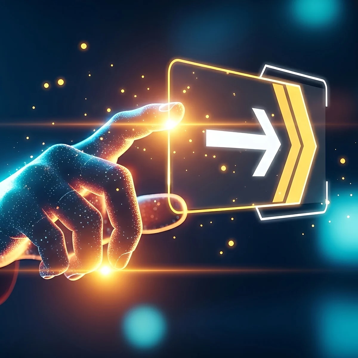 A glowing hand reaches for a digital, transparent screen with a bright arrow pointing right, set against a dark, futuristic background.
